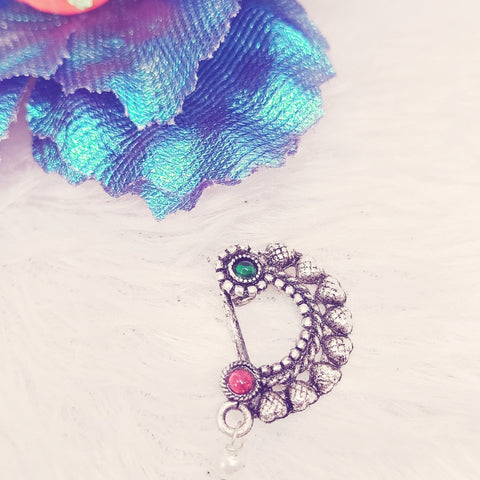 Red and Green Stone Oxidised Nath