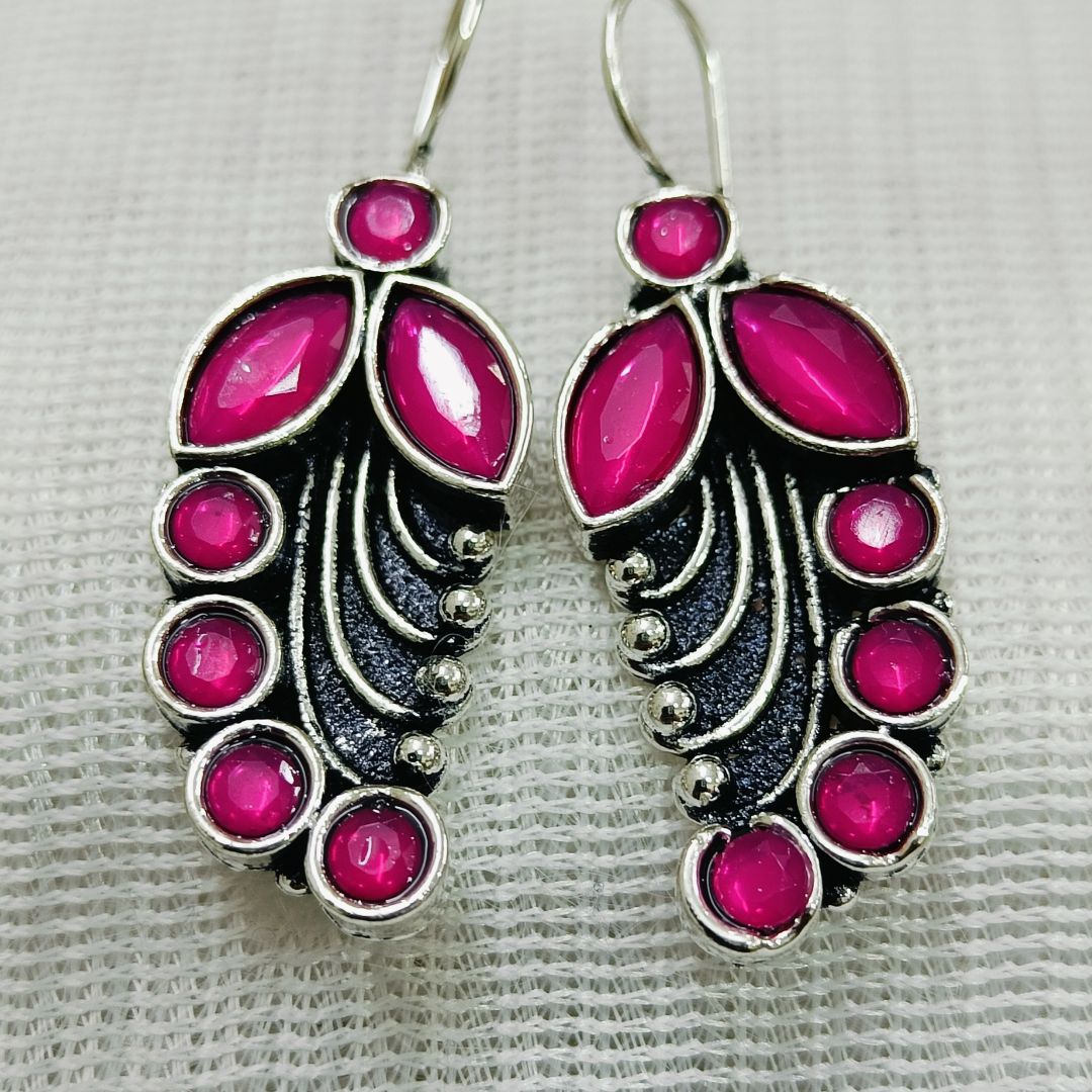 Blackened Silver and Raspberry Pink Drop Earrings