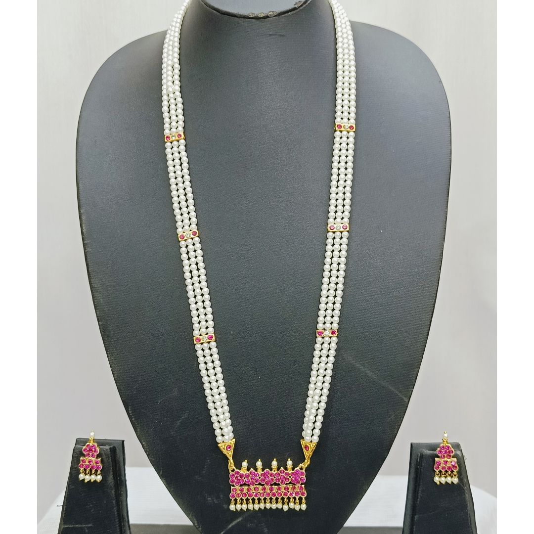 Tanmani Moti With Kempu Pink Stones Traditional Puneri Necklace