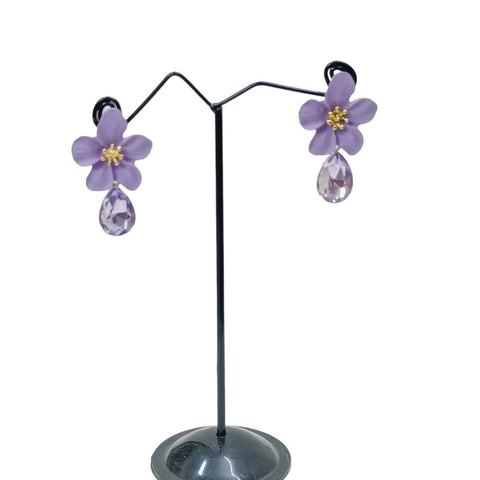 Korean Metalic Flower Purple Color With Crystle Diamond Earrings