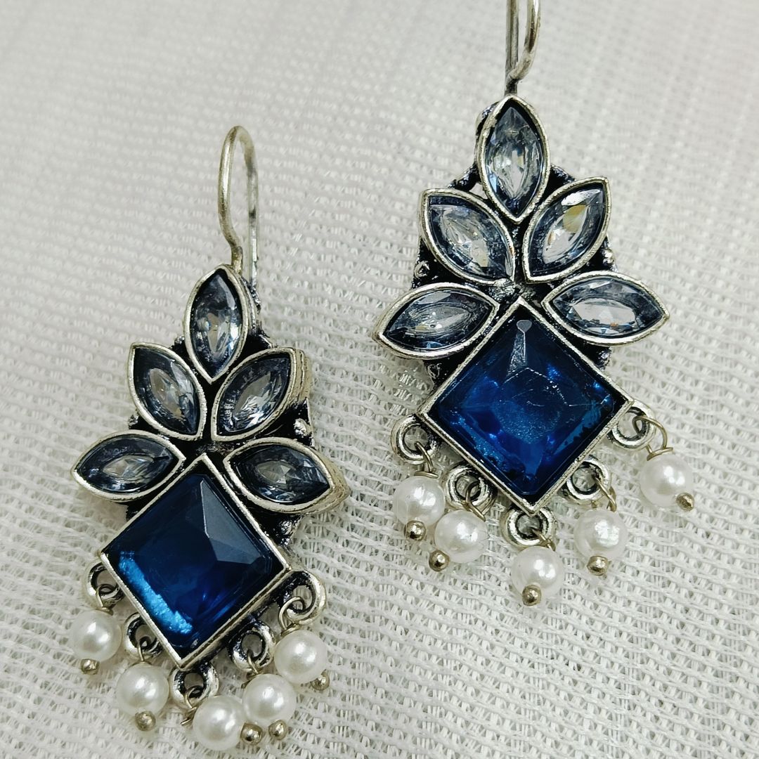 Blue Gem Center Stone Fancy Oxidised Earrings