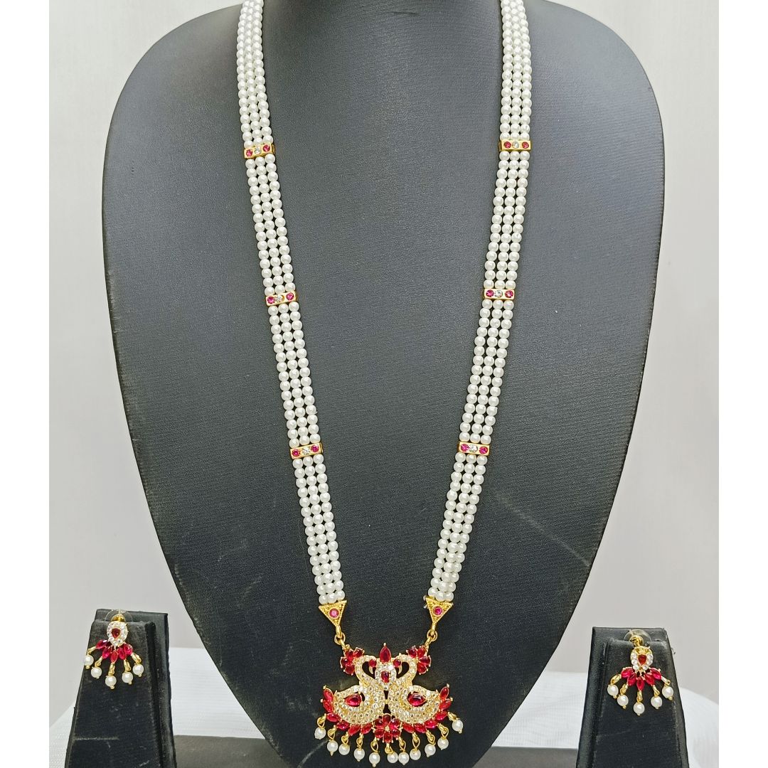 Elegant Long Peacock Duet Tanmani Necklace With Sober Earrings